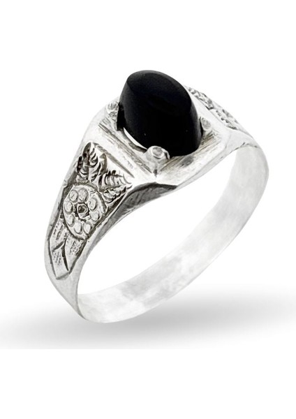 Oniks Taşlı Motifli Ince Gümüş Yüzük