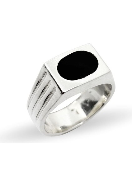 Dikdörtgen Mine Detaylı Gümüş Erkek Yüzük