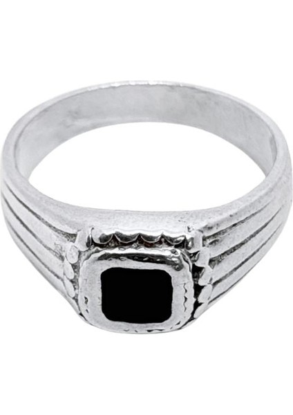 Çizgili Kare Mineli Gümüş Retro Erkek Yüzük fiyatları