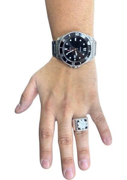 Iri Kare Mine Desenli Gümüş Erkek Yüzük fırsatları