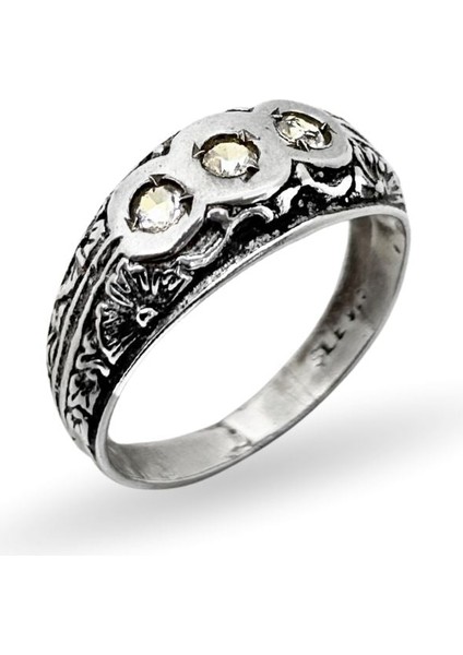Çiçek Desenli Üçlü Zirkon Taşlı Retro Gümüş Erkek Yüzük