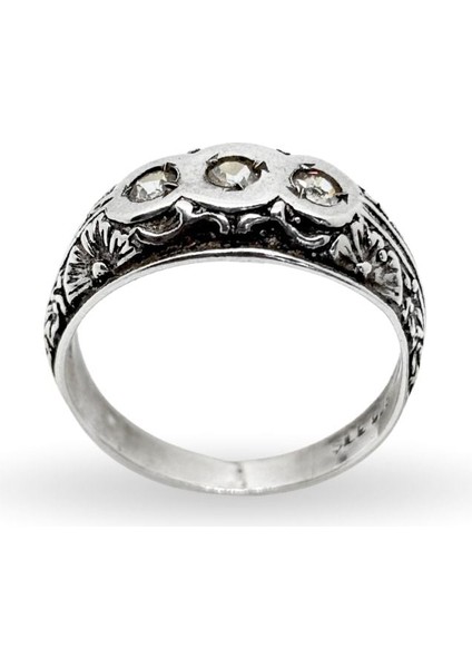 Çiçek Desenli Üçlü Zirkon Taşlı Retro Gümüş Erkek Yüzük fiyatları