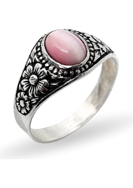 Çiçek Desenli Pembe Sedef Taşlı Gümüş Erkek Yüzük