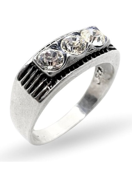 Üçlü Zirkon Taşlı Gümüş Retro Erkek Yüzük