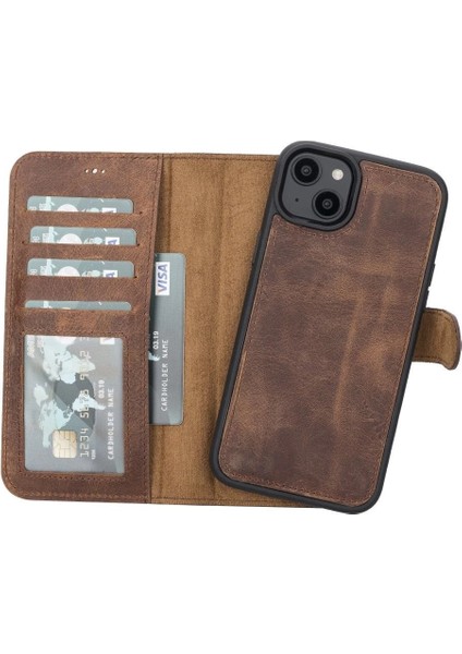 Apple iPhone 14 Plus Uyumlu Deri Cüzdanlı Kılıf Mwwn G2 Kahve