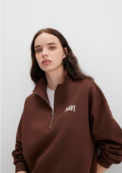 Mavi Logo Baskılı Kahverengi Sweatshirt 1S10179-88062