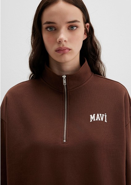 Mavi Logo Baskılı Kahverengi Sweatshirt 1S10179-88062