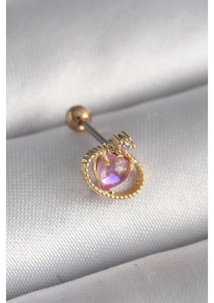 316L Çelik Gold Renk Pembe Mineli Kalp Zirkon Taş Detay Tragus Piercing
