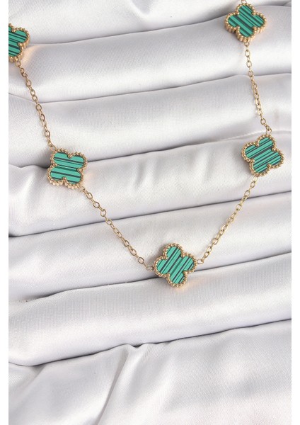 316L Çelik Gold Renk Zincir Yeşil Yonca Model Kadın Kolye