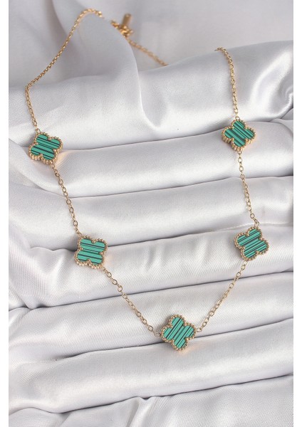 316L Çelik Gold Renk Zincir Yeşil Yonca Model Kadın Kolye fiyatları