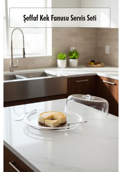 Şeffaf Akrilik Kek Fanusu ve Servis Seti – 33 x 39 x 14 cm (4 Parça)