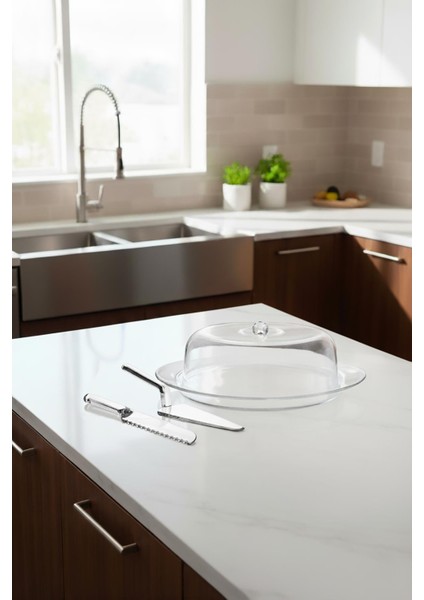 Şeffaf Akrilik Kek Fanusu ve Servis Seti – 33 x 39 x 14 cm (4 Parça) fiyatları