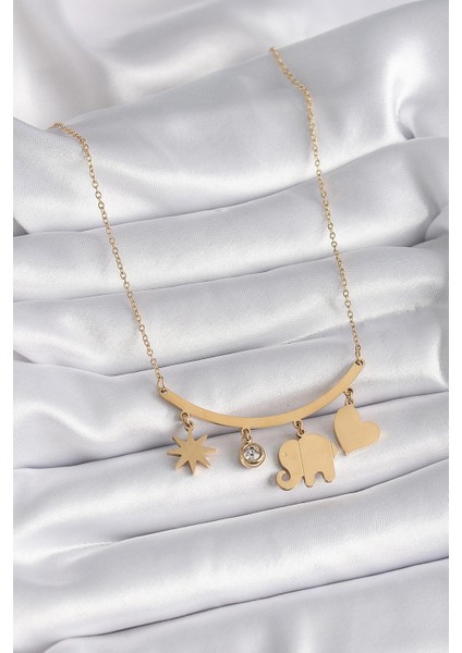 316L Çelik Gold Renk Fil Figür Zirkon Taş Detay Kadın Kolye fiyatları