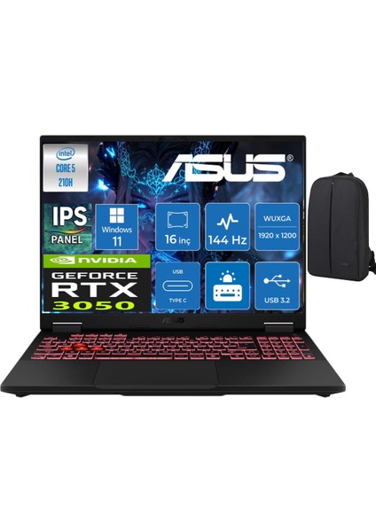 Tuf Gaming F16 FX607VJ Intel Core 5 210H 24 GB 512 GB SSD RTX3050 144HZ IPS 16" Wuxga Windows 11 Pro Gaming Laptop RL033 & Cimete Çanta