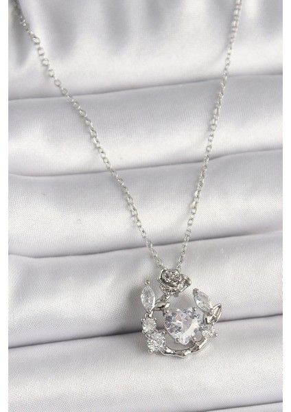 316L Çelik Gümüş Renk Zincir Zirkon Taşlı Kalp Figür Gül Detay Kadın Kolye