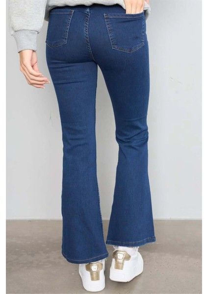Yüksek Bel Lacivert Kadın Ispanyol Paça Kot Pantolon – Esnek Denim Kumaş, Slim Üst Flare Alt Kalıp, Retro Modern Fit Jean modelleri