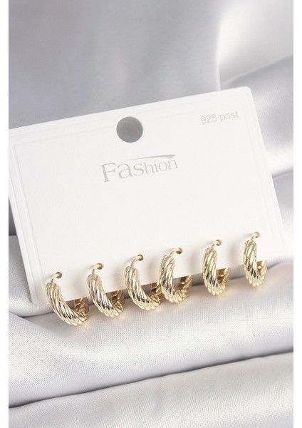 925 Ayar Gümüş Çivi Pirinç Gold Renk Işlemeli Halka Model Kadın Küpe Seti