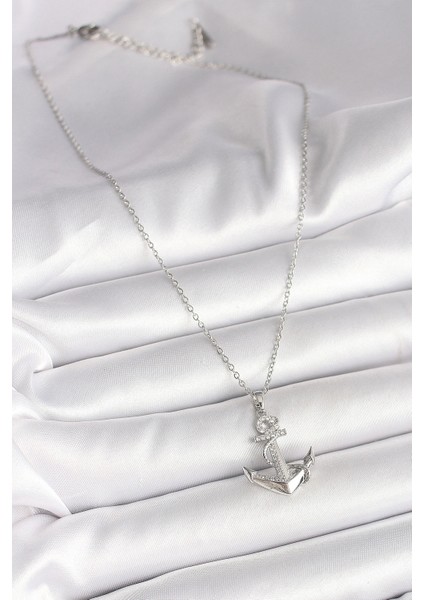 316L Çelik Gümüş Renk Zincir Zirkon Taş Detaylı Çapa Model Kadın Kolye fiyatları