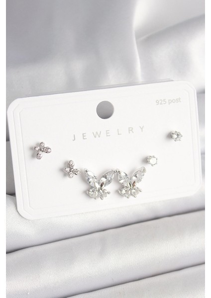 925 Ayar Gümüş Çivi Pirinç Zirkon Taşlı Kelebek Model Kadın Küpe Seti