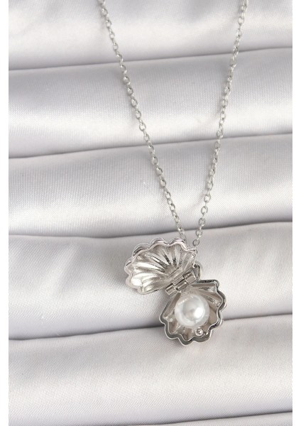 316L Çelik Gümüş Renk Zincir Açılır Incili Midye Model Kadın Kolye fiyatları