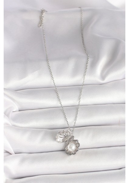 316L Çelik Gümüş Renk Zincir Açılır Incili Midye Model Kadın Kolye modelleri