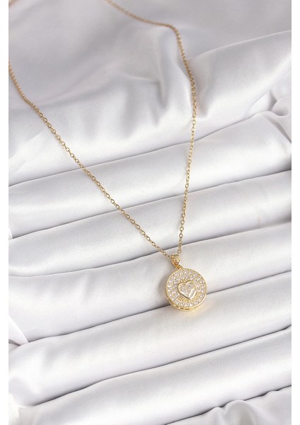 316L Çelik Gold Renk Zincir Madalyon Zirkon Taşlı Kalp Model Kadın Kolye fiyatları