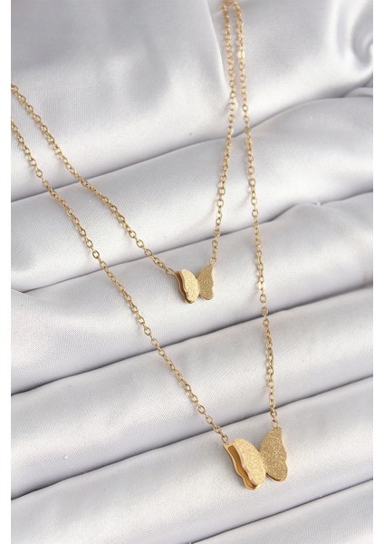 316L Çelik Gold Renk 2'li Simli Kelebek Model Kadın Kolye