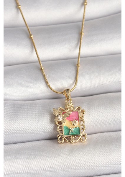 316L Çelik Gold Renk Renkli Zirkon Taşlı Kelebek Işlemeli Portre Model Kadın Kolye