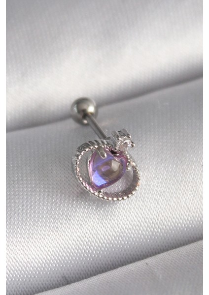 316L Çelik Gümüş Renk Mor Mineli Kalp Zirkon Taş Detay Tragus Piercing