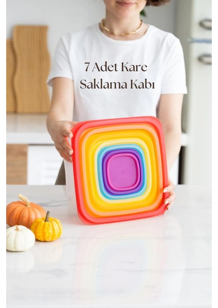 Kare 7 Parça Hava Almaz Sızdırmaz Saklama Kabı Seti Renkli Kapak (200/330/630/1100/1800/3300/5600 Ml)
