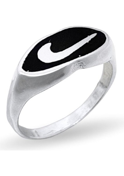 Oval Mineli Nike Amblemi Retro Gümüş Erkek Yüzük