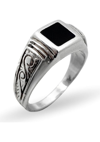 Kenarları Desenli Kare Mineli Zarif Gümüş Erkek Yüzük