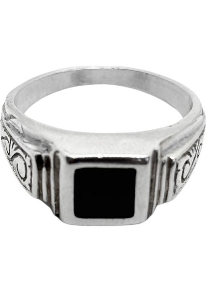 Kenarları Desenli Kare Mineli Zarif Gümüş Erkek Yüzük fiyatları