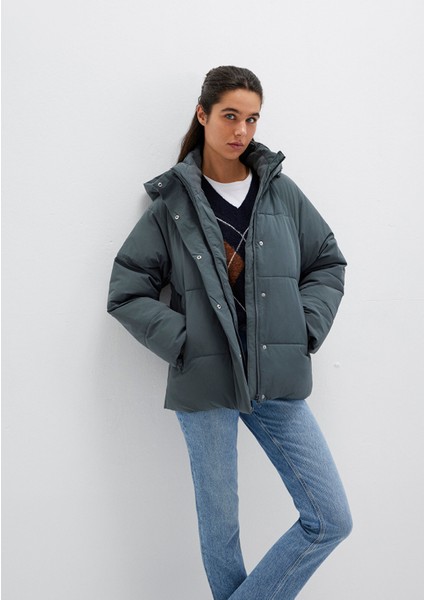 Kapüşonlu Yeşil Şişme Mont 1110225-71598