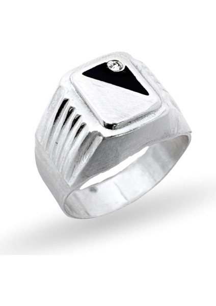 Dikdörtgen Mineli Zirkon Taş Detaylı Gümüş Erkek Yüzük