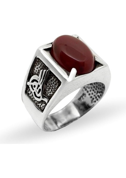 Oval Akik Taşlı Tuğra Motifli Gümüş Erkek Yüzük