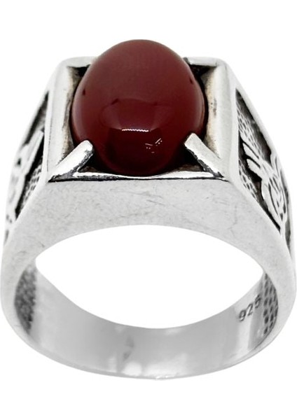 Oval Akik Taşlı Tuğra Motifli Gümüş Erkek Yüzük fiyatları