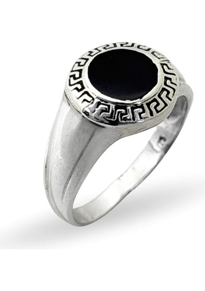 Mineli Yuvarlak Grek Desenli Achilles Retro Gümüş Erkek Yüzük