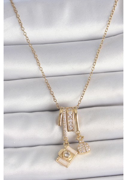 316L Çelik Gold Renk Zirkon Taşlı Sallantı Fotoğraf Makinası Figür Charm Kadın Kolye