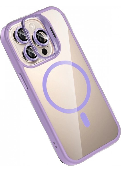 Apple iPhone 15 Pro Max Remim Lensli Magsafe Standlı Kapak - Lila modelleri
