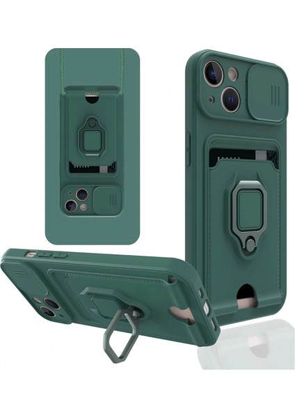 iPhone 14 Kılıf Zuma Kartvizitli Yüzüklü Silikon - Yeşil