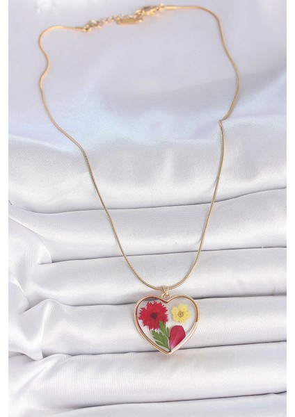 316L Çelik Gold Renk Zincir Epokis Kalp Doğal Çiçek Model Kadın Kolye fiyatları