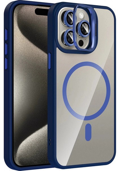 Apple iPhone 15 Pro Max Remim Lensli Magsafe Standlı Kapak - Lacivert