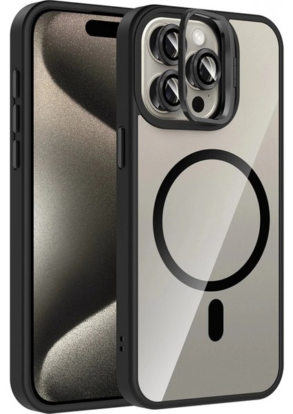 Apple iPhone 15 Pro Max Remim Lensli Magsafe Standlı Kapak - Siyah