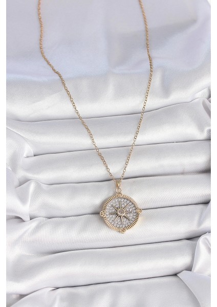 316L Çelik Gold Renk Zirkon Taşlı Pusula Model Kadın Kolye fiyatları