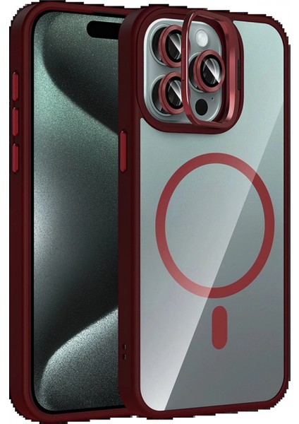 Apple iPhone 15 Pro Max Remim Lensli Magsafe Standlı Kapak - Bordo