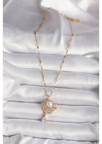 316L Gold Renk Zirkon Taşlı Ay Yıldız Model Sallantı Detay Kadın Kolye fiyatları