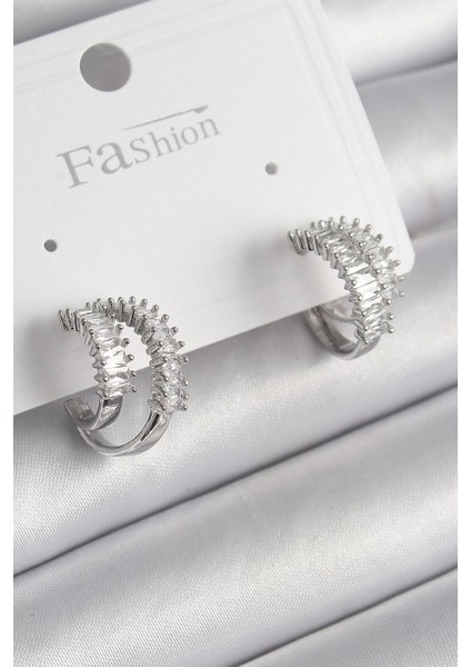 Pirinç Gümüş Renk 2'li Zirkon Taşlı Halka Model Kadın Küpe