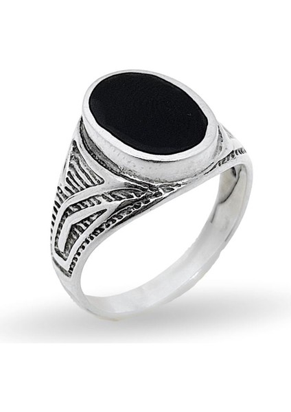 Kenarları Motifli Oval Mineli Gümüş Erkek Yüzük