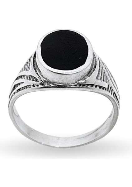 Kenarları Motifli Oval Mineli Gümüş Erkek Yüzük modelleri